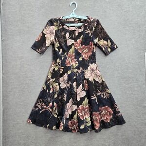 Roz & Ali Women Dress‎ 2 Black Floral Knee Length Fit Flare Pleated Keyhole